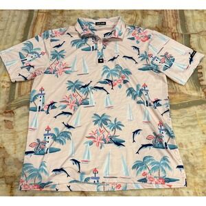 Bad Birdie Mens Golf Polo Shirt Light Pink Tropical Palm Trees Short Sleeve XL